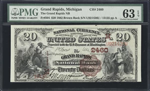image for: Grand Rapids, Michigan. $20 1882 Brown Back. Fr. 504. Grand Rapids NB. Charter #2460. PMG Choice Uncirculated 63 EPQ.