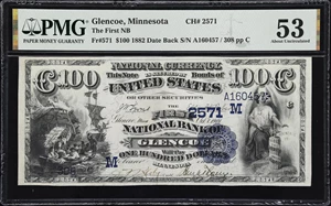 image for: Glencoe, Minnesota. $100 1882 Date Back. Fr. 571. First NB. Charter #2571. PMG About Uncirculated 53.