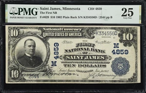 image for: Saint James, Minnesota. $10 1902 Plain Back. Fr. 629. First NB. Charter #4859. PMG Very Fine 25.