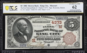 image for: King City, Missouri. $5 1882 Brown Back. Fr. 471. First NB. Charter #4373. PCGS Banknote Uncirculated 62.