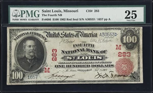 image for: Saint Louis, Missouri. $100 1902 Red Seal. Fr. 686. Fourth NB. Charter #283. PMG Very Fine 25.
