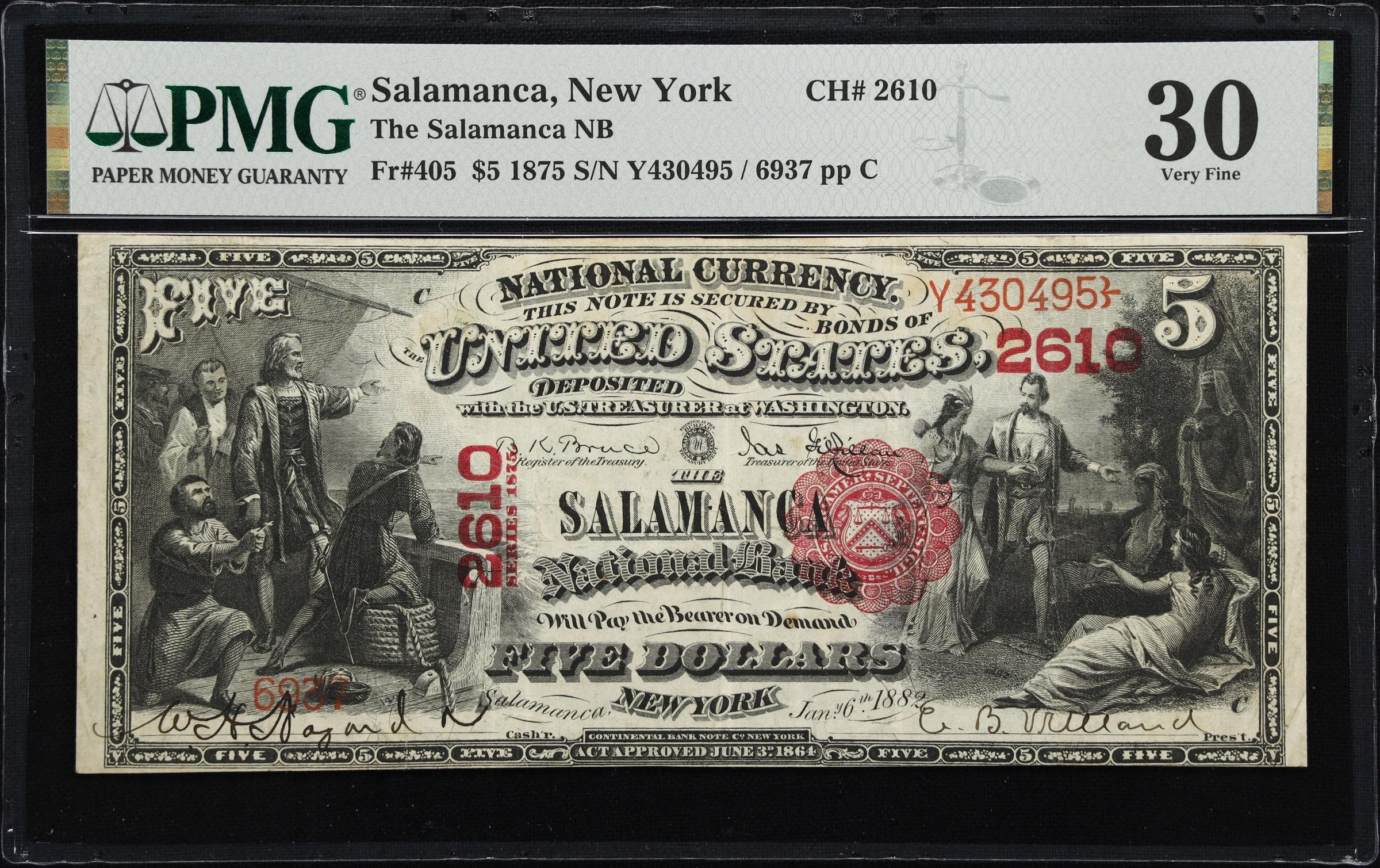 image for: Salamanca, New York. 1875 $5 Fr. 405. Salamanca NB. Charter #2610. PMG Very Fine 30.