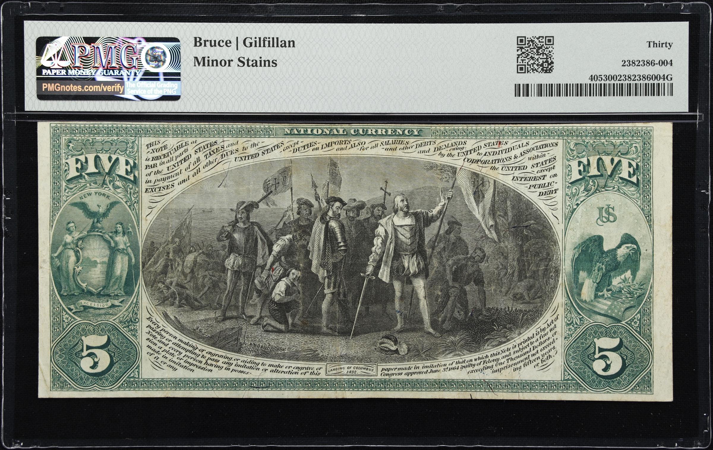 image for: Salamanca, New York. 1875 $5 Fr. 405. Salamanca NB. Charter #2610. PMG Very Fine 30.