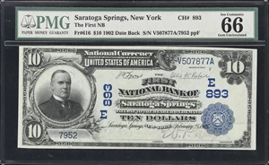 image for: Saratoga Springs, New York. 1902 Date Back $10 Fr. 616. First NB. Charter #893. PMG Gem Uncirculated 66 EPQ.
