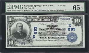 image for: Saratoga Springs, New York. 1902 Date Back $10 Fr. 616. First NB. Charter #893. PMG Gem Uncirculated 65 EPQ.
