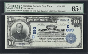 image for: Saratoga Springs, New York. 1902 Date Back $10 Fr. 616. First NB. Charter #893. PMG Gem Uncirculated 65 EPQ.