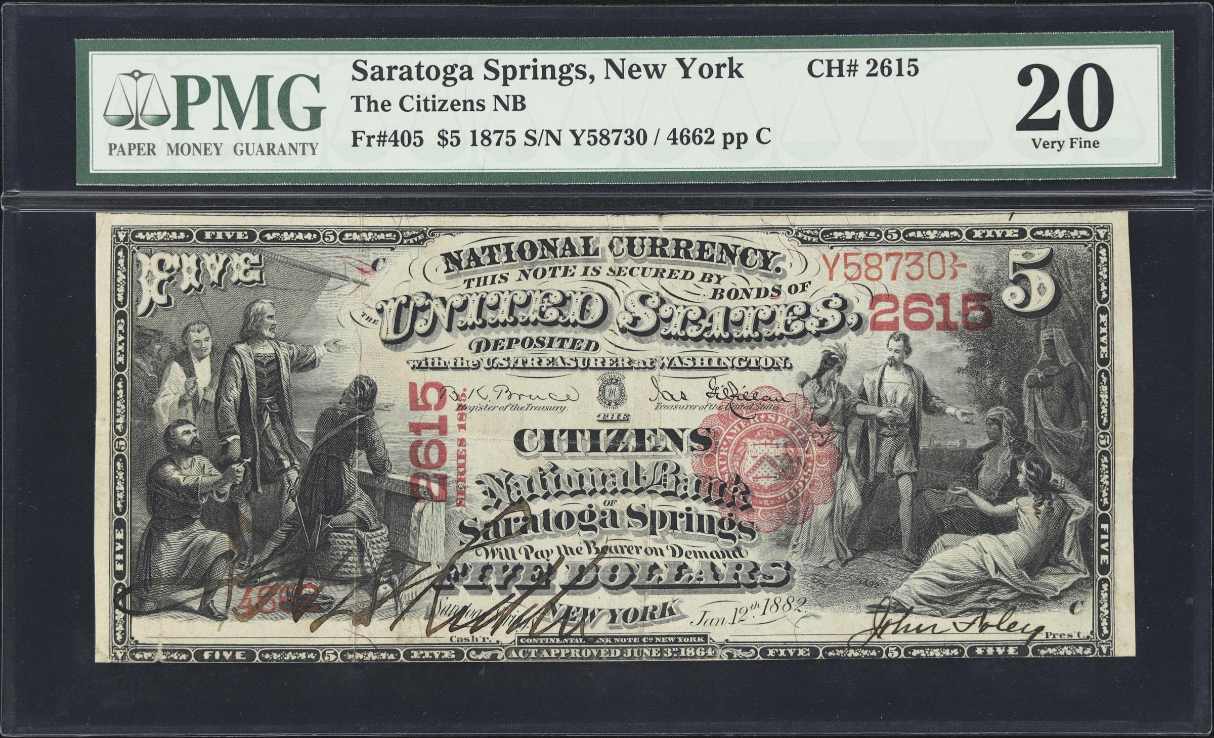 image for: Saratoga Springs, New York. 1875 $5 Fr. 405. Citizens NB. Charter #2615. PMG Very Fine 20.