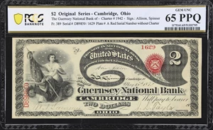 image for: Cambridge, Ohio. $2 Original. Fr. 389. Guernsey NB. Charter #1942. PCGS Banknote Gem Uncirculated 65 PPQ.
