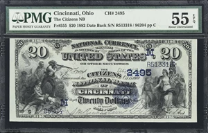 image for: Cincinnati, Ohio. $20 1882 Date Back. Fr. 555. Citizens NB. Charter #2495. PMG About Uncirculated 55 EPQ.