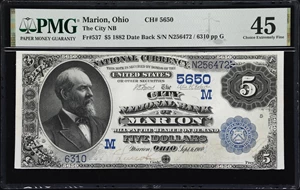 image for: Marion, Ohio. $5 1882 Date Back. Fr. 537. City NB. Charter #5650. PMG Choice Extremely Fine 45.