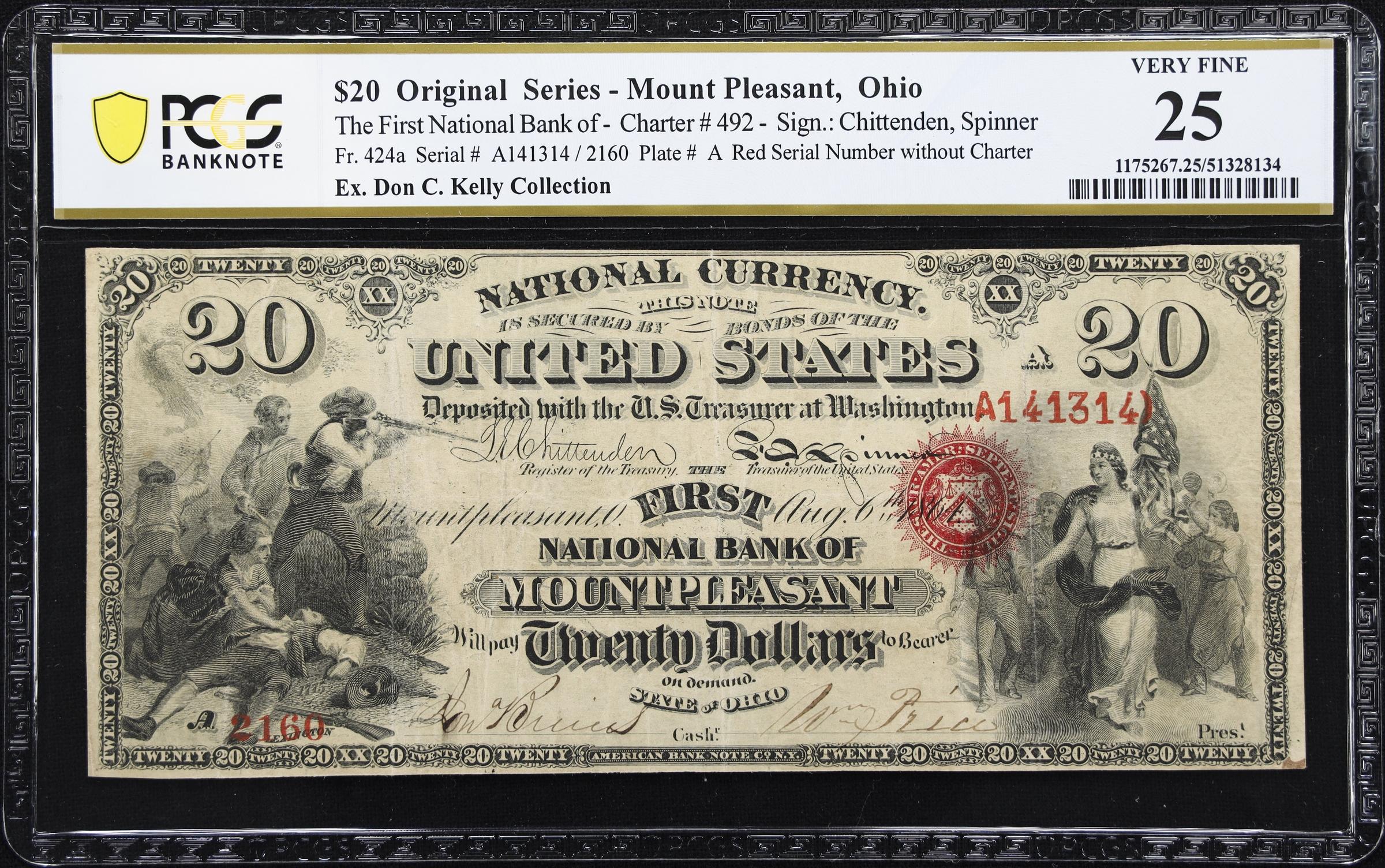 image for: Mount Pleasant, Ohio. $20 Original. Fr. 424a. First NB. Charter #492. PCGS Banknote Very Fine 25.