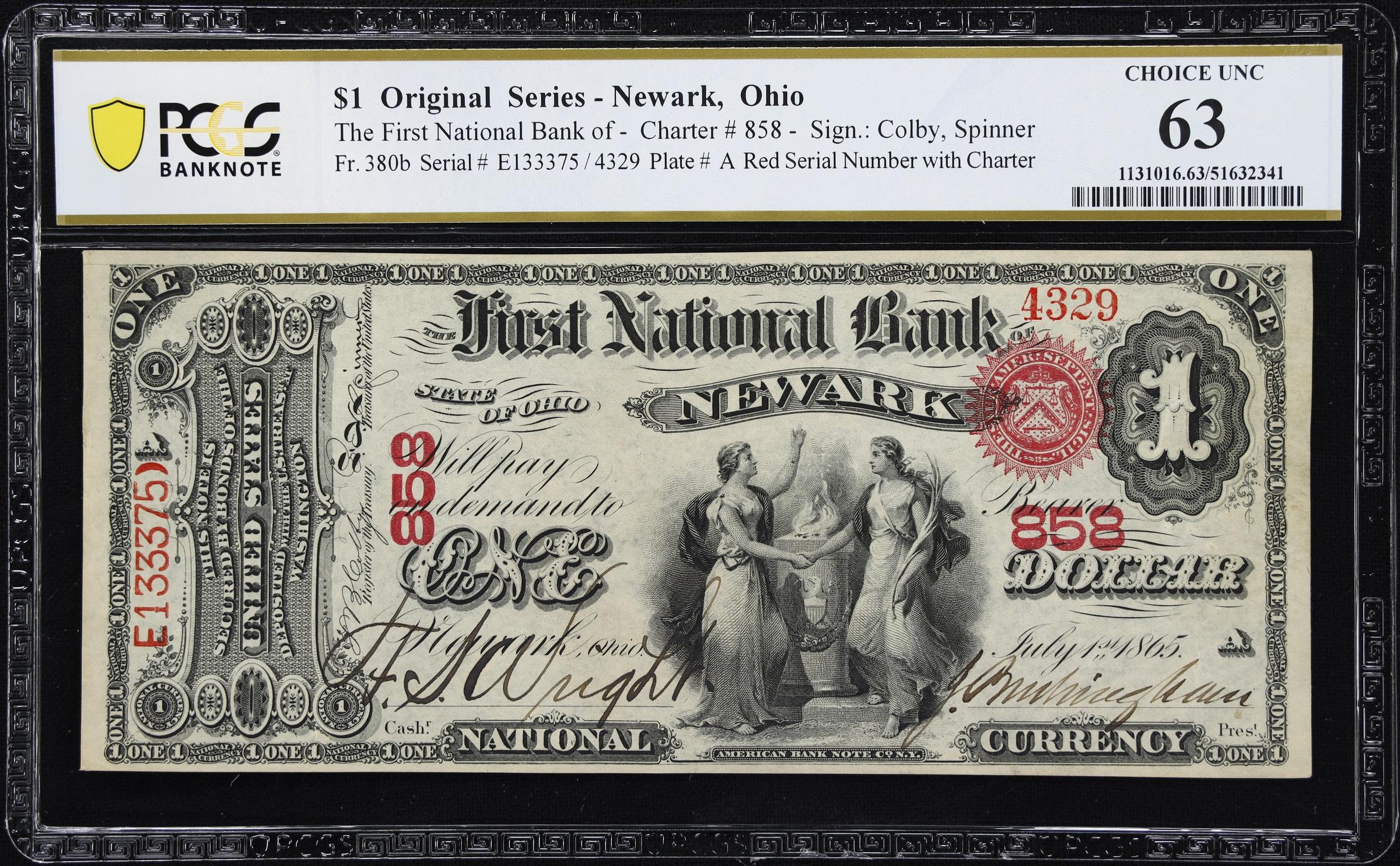 image for: Newark, Ohio. $1 Original. Fr. 380b. First NB. Charter #858. PCGS Banknote Choice Uncirculated 63.