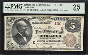 image for: Bethlehem, Pennsylvania. $5 1882 Brown Back. Fr. 466. First NB. Charter #138. PMG Very Fine 25.