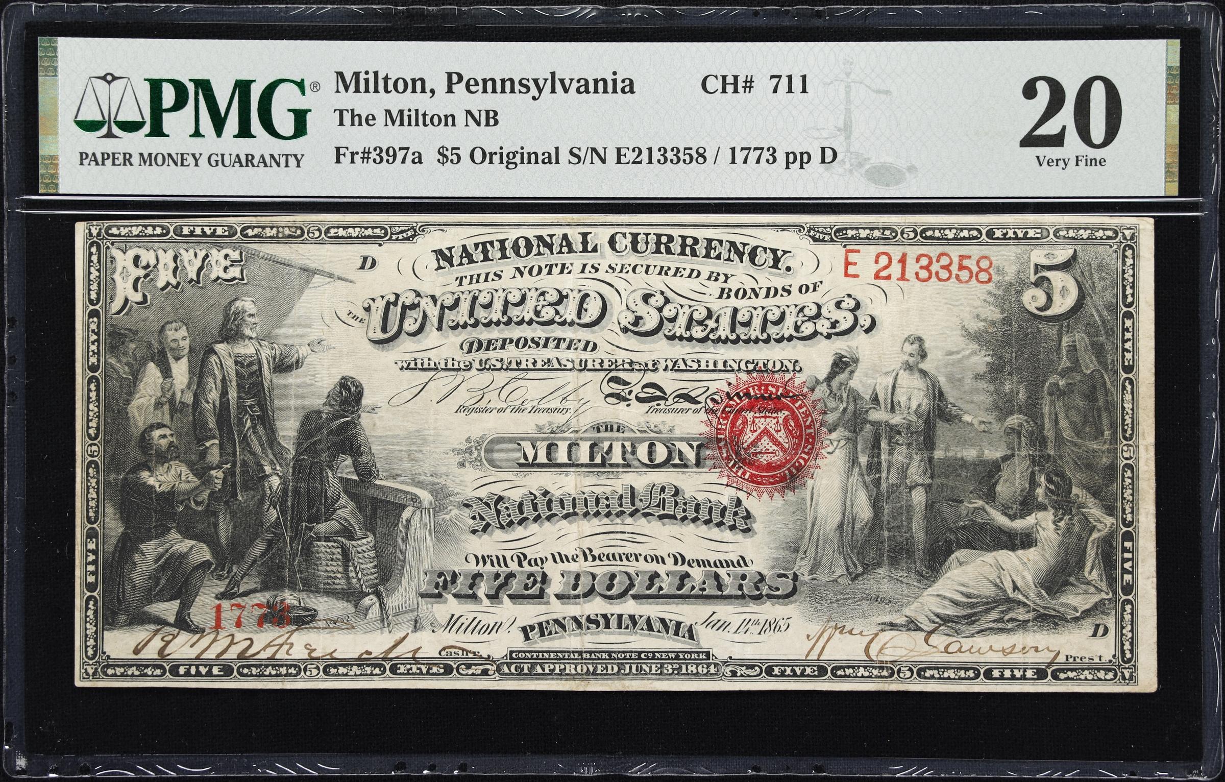 image for: Milton, Pennsylvania. $5 Original. Fr. 397a. Milton NB. Charter #711. PMG Very Fine 20.