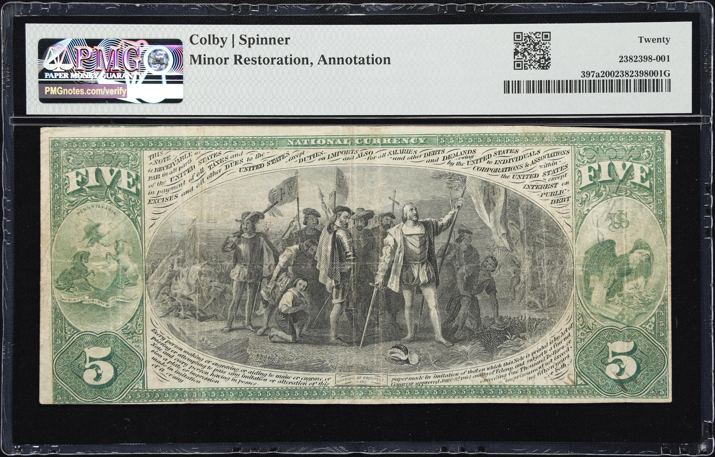 image for: Milton, Pennsylvania. $5 Original. Fr. 397a. Milton NB. Charter #711. PMG Very Fine 20.