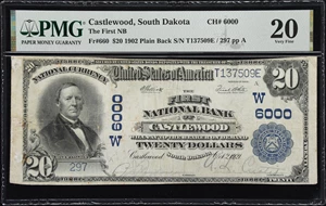 image for: Castlewood, South Dakota. $20 1902 Plain Back. Fr. 660. First NB. Charter #6000. PMG Very Fine 20.