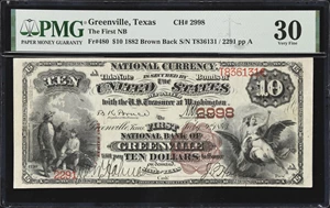 image for: Greenville, Texas. $10 1882 Brown Back. Fr. 480. First NB. Charter #2998. PMG Very Fine 30.