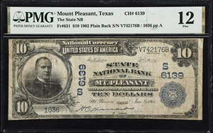 image for: Mount Pleasant, Texas. $10 1902 Plain Back. Fr. 631. State NB. Charter #6139. PMG Fine 12.
