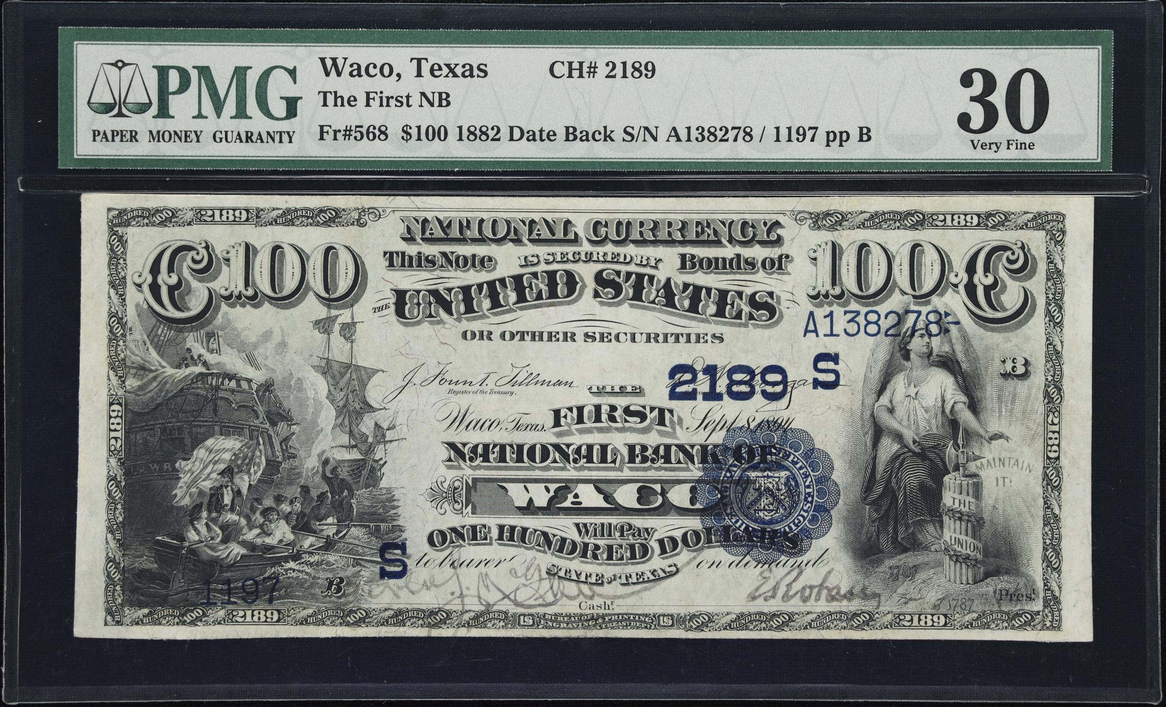 image for: Waco, Texas. $100 1882 Date Back. Fr. 568. Waco NB. Charter #2189. PMG Very Fine 30.