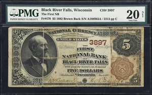image for: Black River Falls, Wisconsin. $5 1882 Brown Back. Fr. 470. First NB. Charter #3897. PMG Very Fine 20 Net. Splits, Stained.