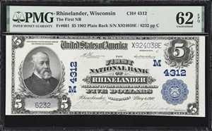 image for: Rhinelander, Wisconsin. $5 1902 Plain Back. Fr. 601. First NB. Charter #4312. PMG Uncirculated 62 EPQ.
