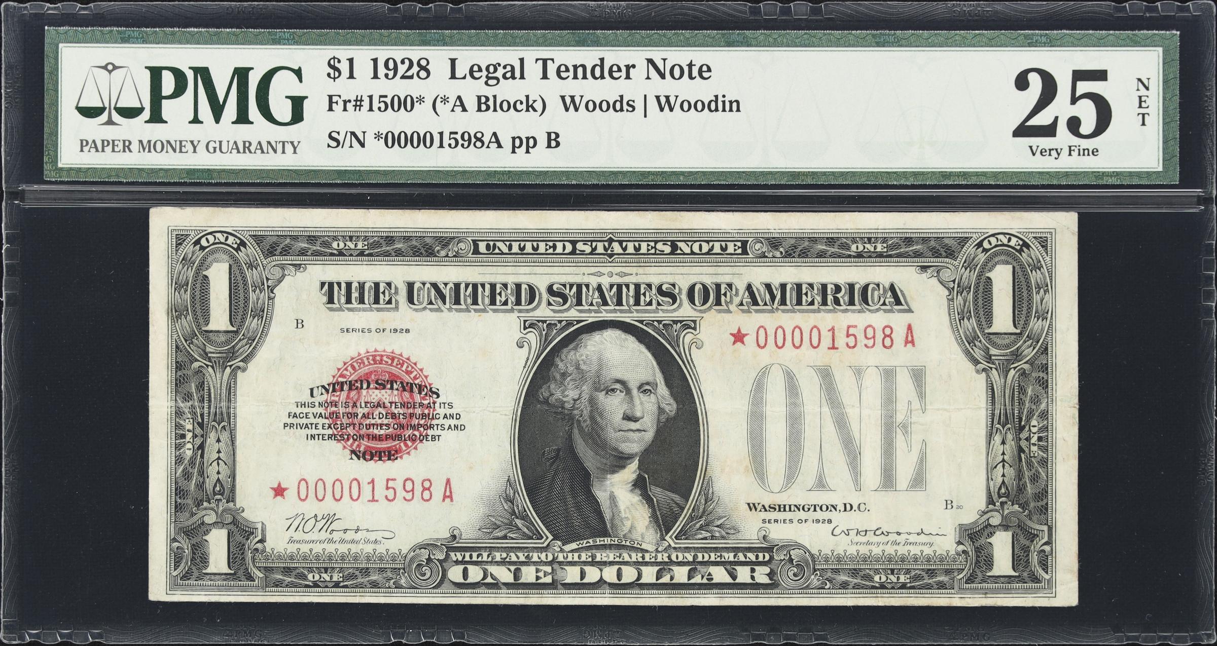 image for: Fr. 1500*. 1928 $1 Legal Tender Star Note. PMG Very Fine 25 Net. Repaired.