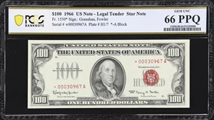image for: Fr. 1550*. 1966 $100 Legal Tender Star Note. PCGS Banknote Gem Uncirculated 66 PPQ.