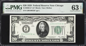 image for: Fr. 2050-G*. 1928 $20 Federal Reserve Star Note. Chicago. PMG Choice Uncirculated 63 EPQ.