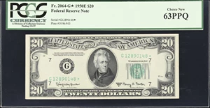 image for: Fr. 2064-G*. 1950E $20 Federal Reserve Star Note. Chicago. PCGS Currency Choice New 63 PPQ.
