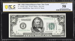 image for: Fr. 2100-B*. 1928 $50 Federal Reserve Star Note. New York. PCGS Banknote Choice About Uncirculated 58.