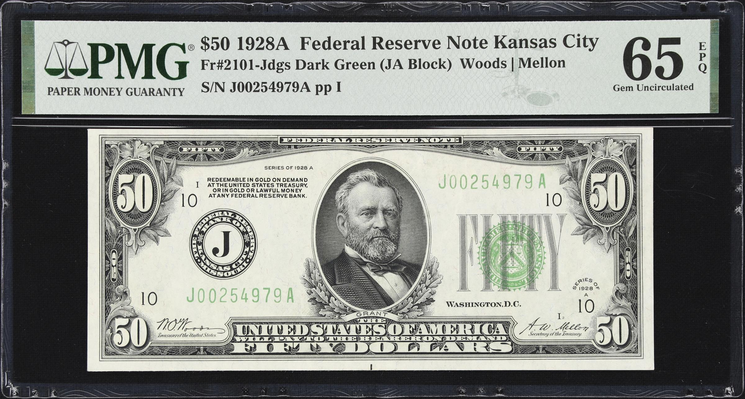 image for: Fr. 2101-Jdgs. 1928A Dark Green Seal $50 Federal Reserve Note. Kansas City. PMG Gem Uncirculated 65 EPQ.