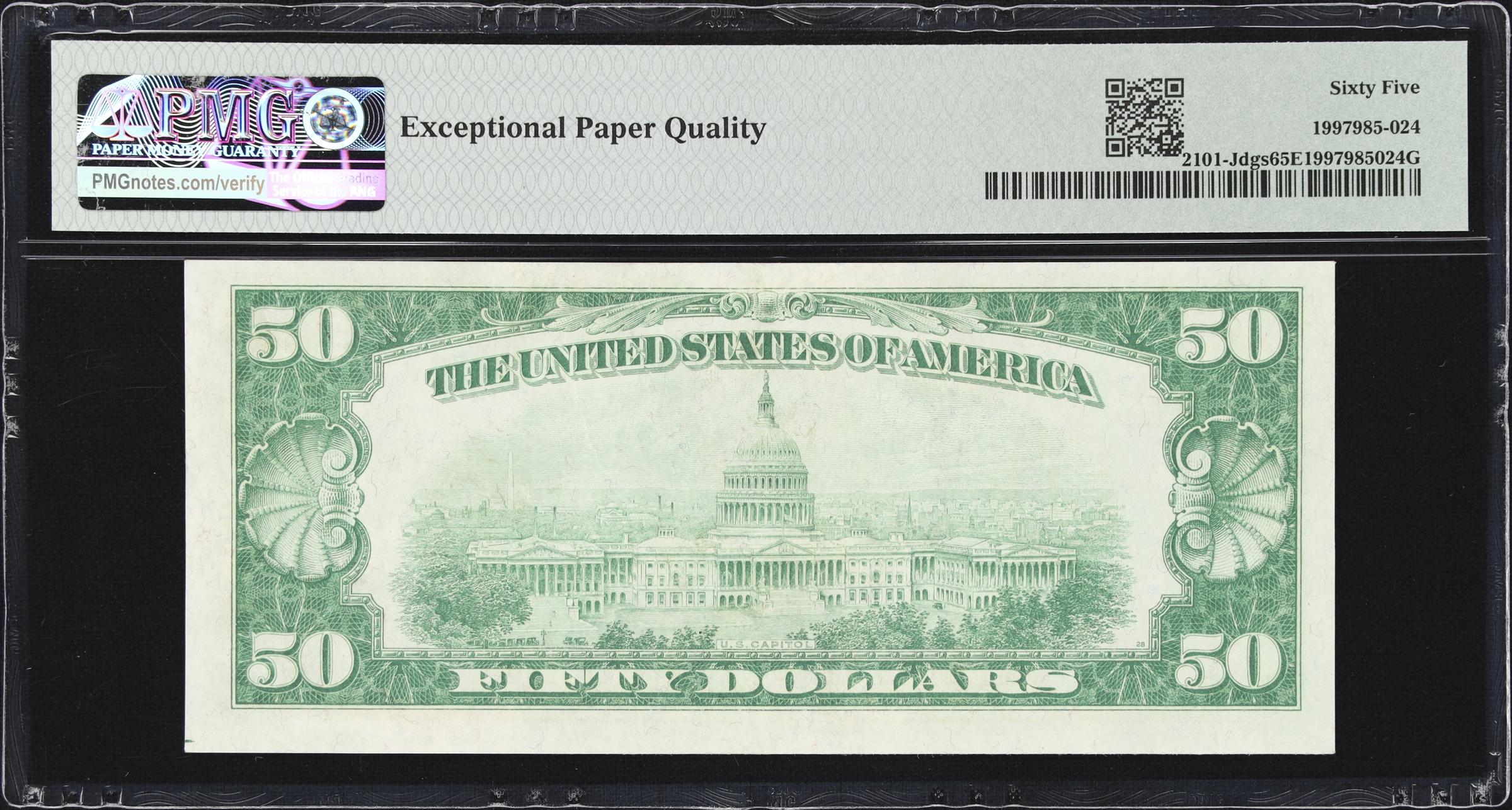 image for: Fr. 2101-Jdgs. 1928A Dark Green Seal $50 Federal Reserve Note. Kansas City. PMG Gem Uncirculated 65 EPQ.