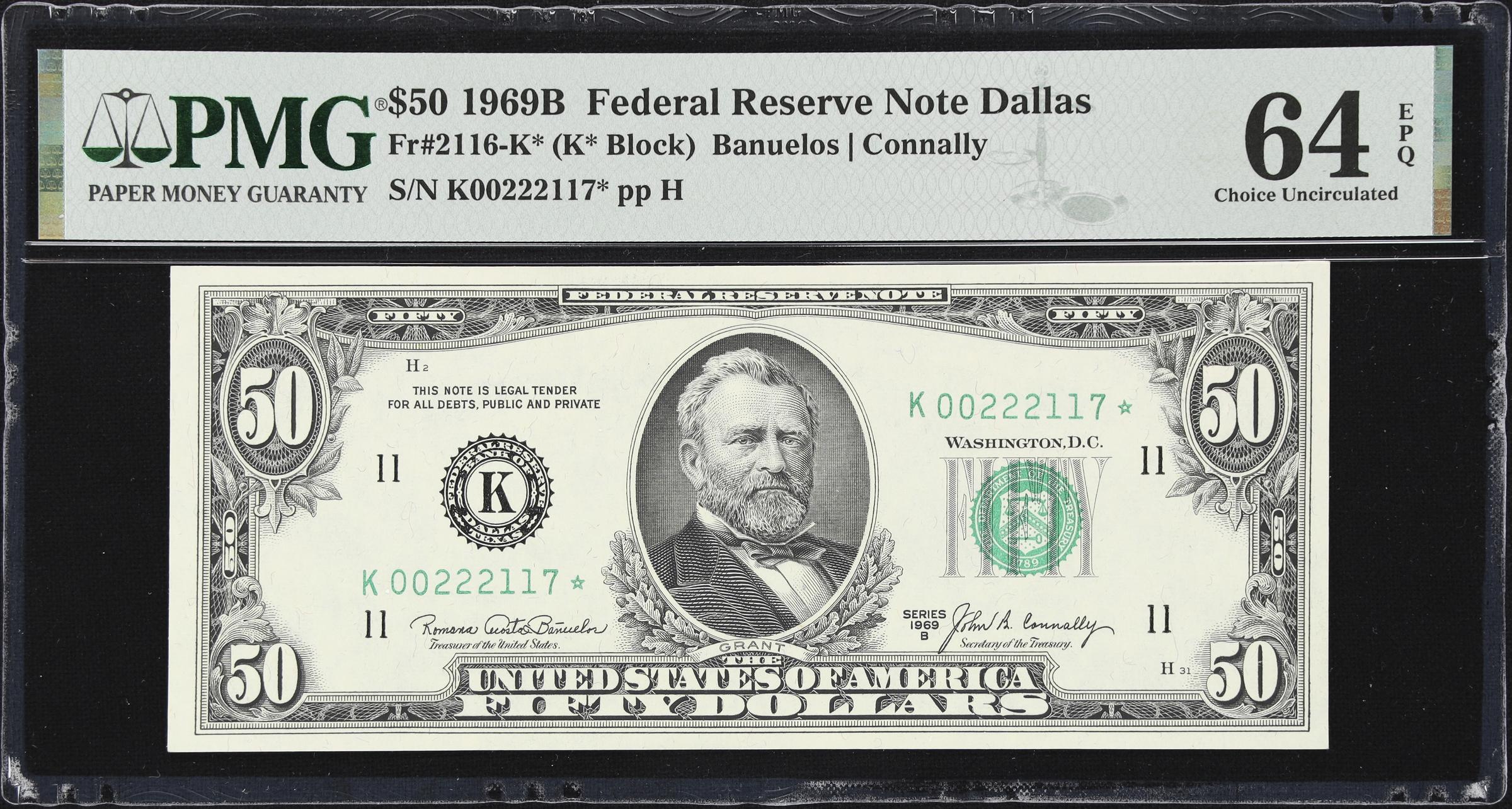 image for: Fr. 2116-K*. 1969B $50 Federal Reserve Star Note. Dallas. PMG Choice Uncirculated 64 EPQ.