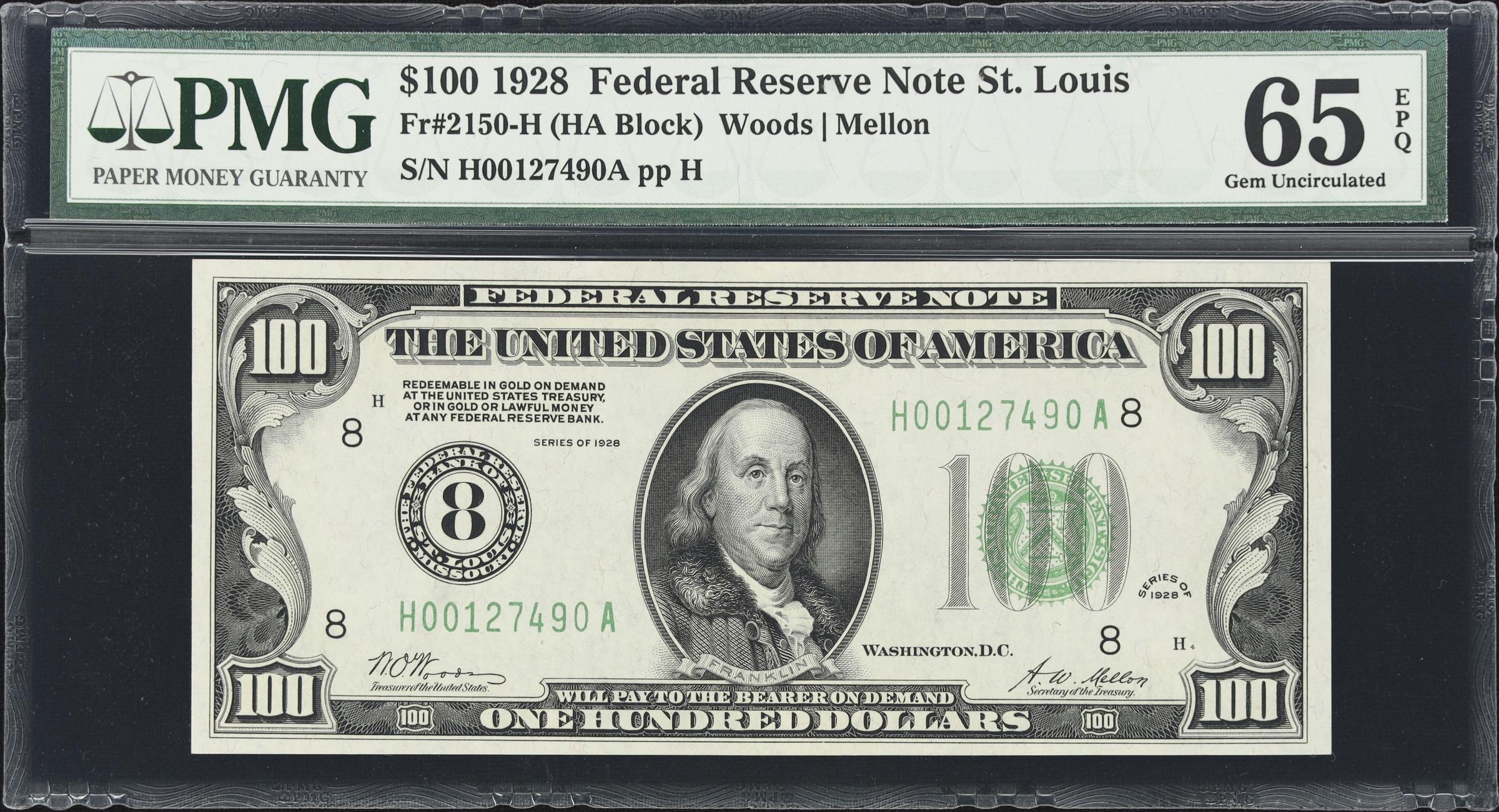 image for: Fr. 2150-H. 1928 $100 Federal Reserve Note. St. Louis. PMG Gem Uncirculated 65 EPQ.