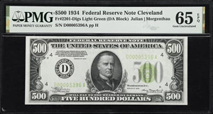 image for: Fr. 2201-Dlgs. 1934 Light Green Seal $500 Federal Reserve Note. Cleveland. PMG Gem Uncirculated 65 EPQ.