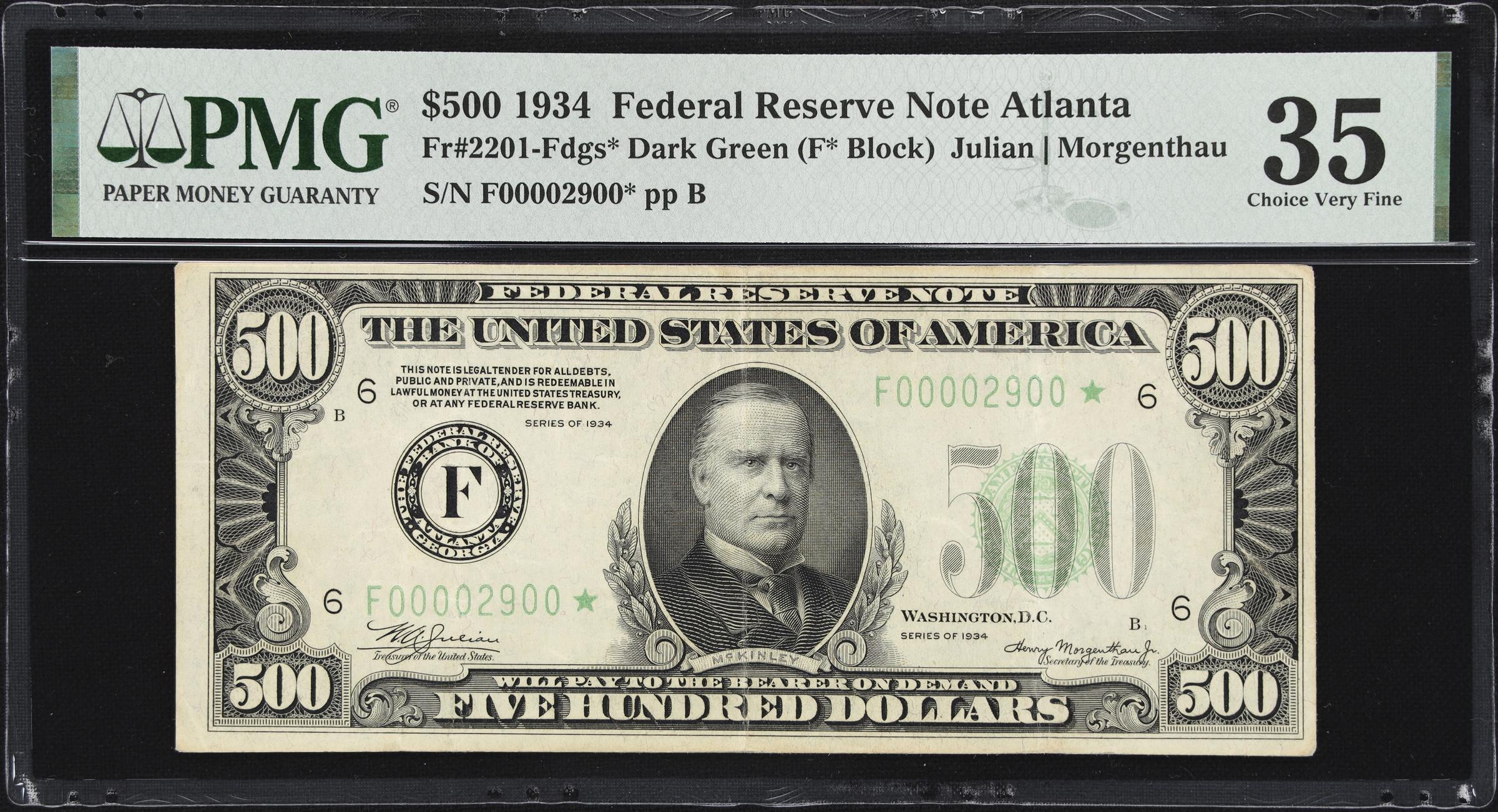 image for: Fr. 2201-Fdgs*. 1934 Dark Green Seal $500 Federal Reserve Star Note. Atlanta. PMG Choice Very Fine 35.