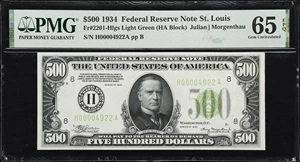 image for: Fr. 2201-Hlgs. 1934 Light Green Seal $500 Federal Reserve Note. St. Louis. PMG Gem Uncirculated 65 EPQ.
