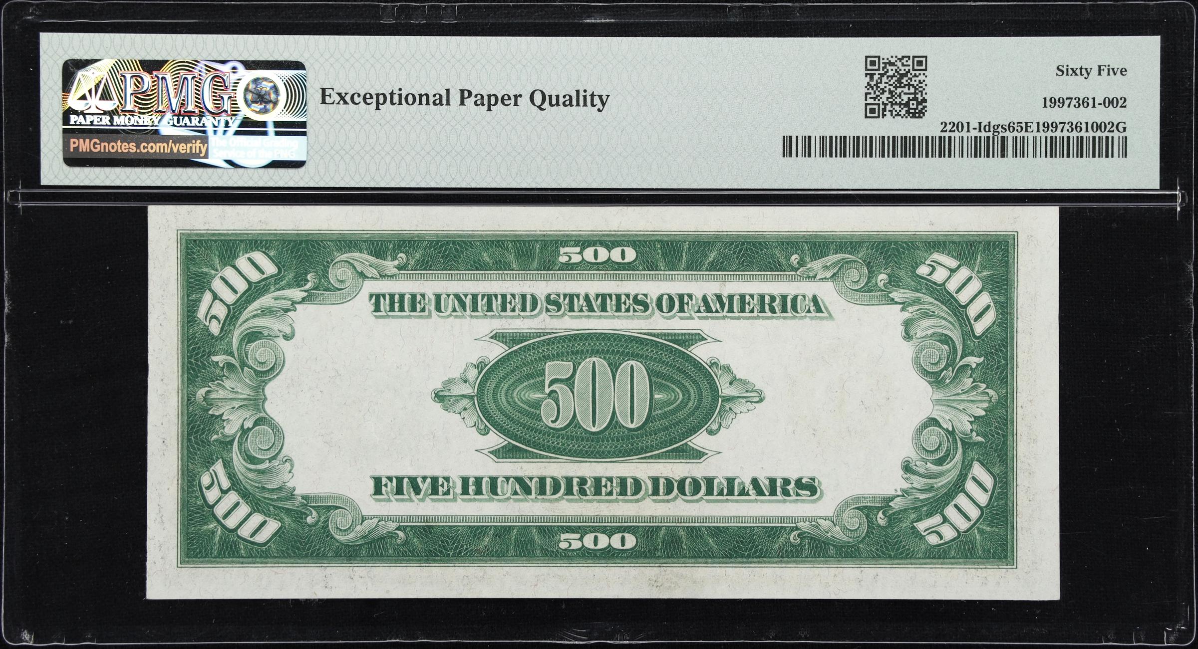 image for: Fr. 2201-Idgs. 1934 Dark Green Seal $500 Federal Reserve Note. Minneapolis. PMG Gem Uncirculated 65 EPQ.
