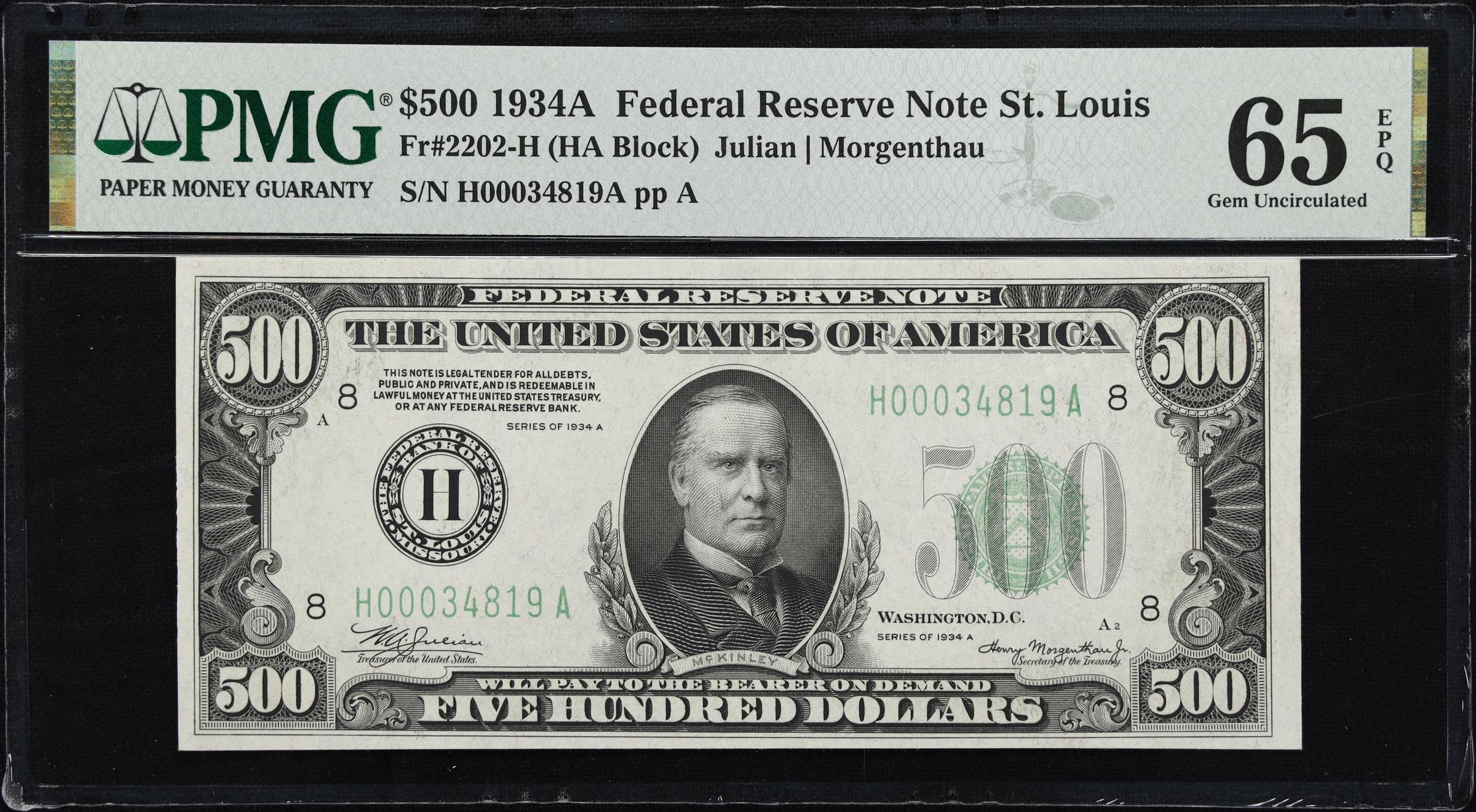 image for: Fr. 2202-H. 1934A $500 Federal Reserve Note. St. Louis. PMG Gem Uncirculated 65 EPQ.
