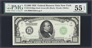 image for: Fr. 2210-Bdgs. 1928 Dark Green Seal $1000 Federal Reserve Note. New York. PMG About Uncirculated 55 EPQ.