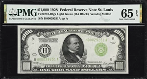 image for: Fr. 2210-Hlgs. 1928 Light Green Seal $1000 Federal Reserve Note. St. Louis. PMG Gem Uncirculated 65 EPQ.