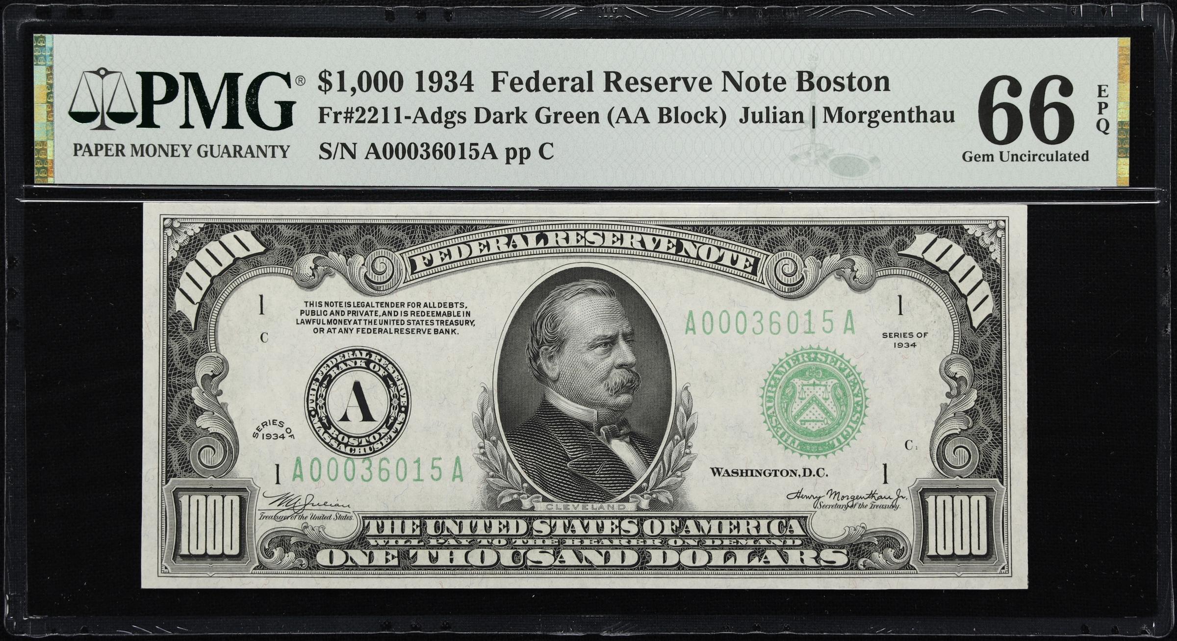 image for: Fr. 2211-Adgs. 1934 Dark Green Seal $1000 Federal Reserve Note. Boston. PMG Gem Uncirculated 66 EPQ.