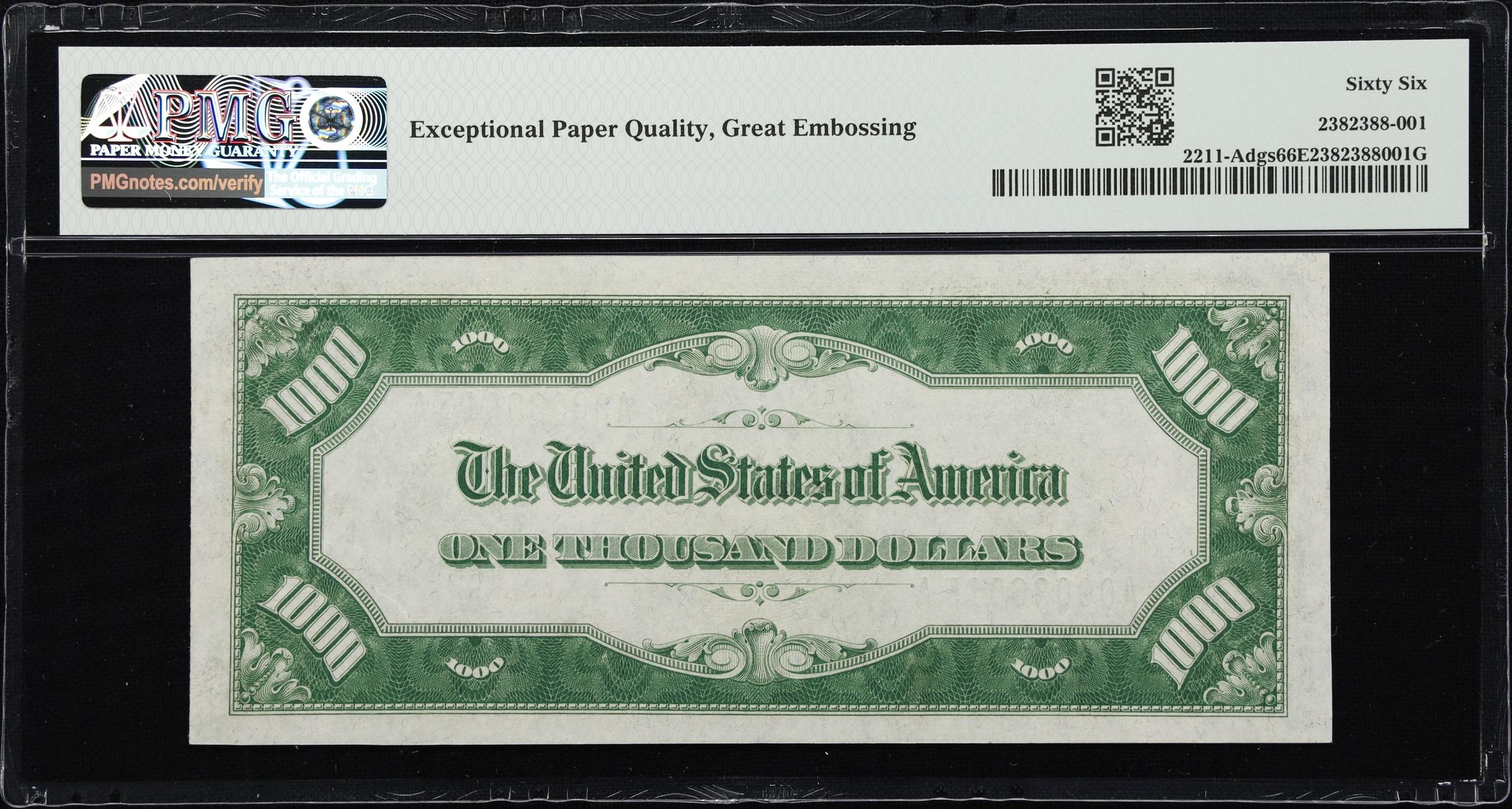 image for: Fr. 2211-Adgs. 1934 Dark Green Seal $1000 Federal Reserve Note. Boston. PMG Gem Uncirculated 66 EPQ.