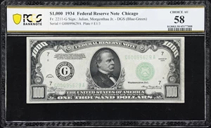 image for: Fr. 2211-G. 1934 Dark Green Seal $1000 Federal Reserve Note. Chicago. PCGS Banknote Choice About Uncirculated 58.