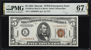 image for: Fr. 2301m. 1934 $5 Hawaii Emergency Note. Mule. PMG Superb Gem Uncirculated 67 EPQ.