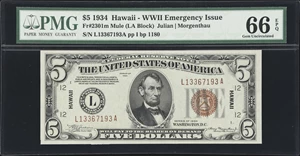 image for: Fr. 2301m. 1934 $5 Hawaii Emergency Note. Mule. PMG Gem Uncirculated 66 EPQ.