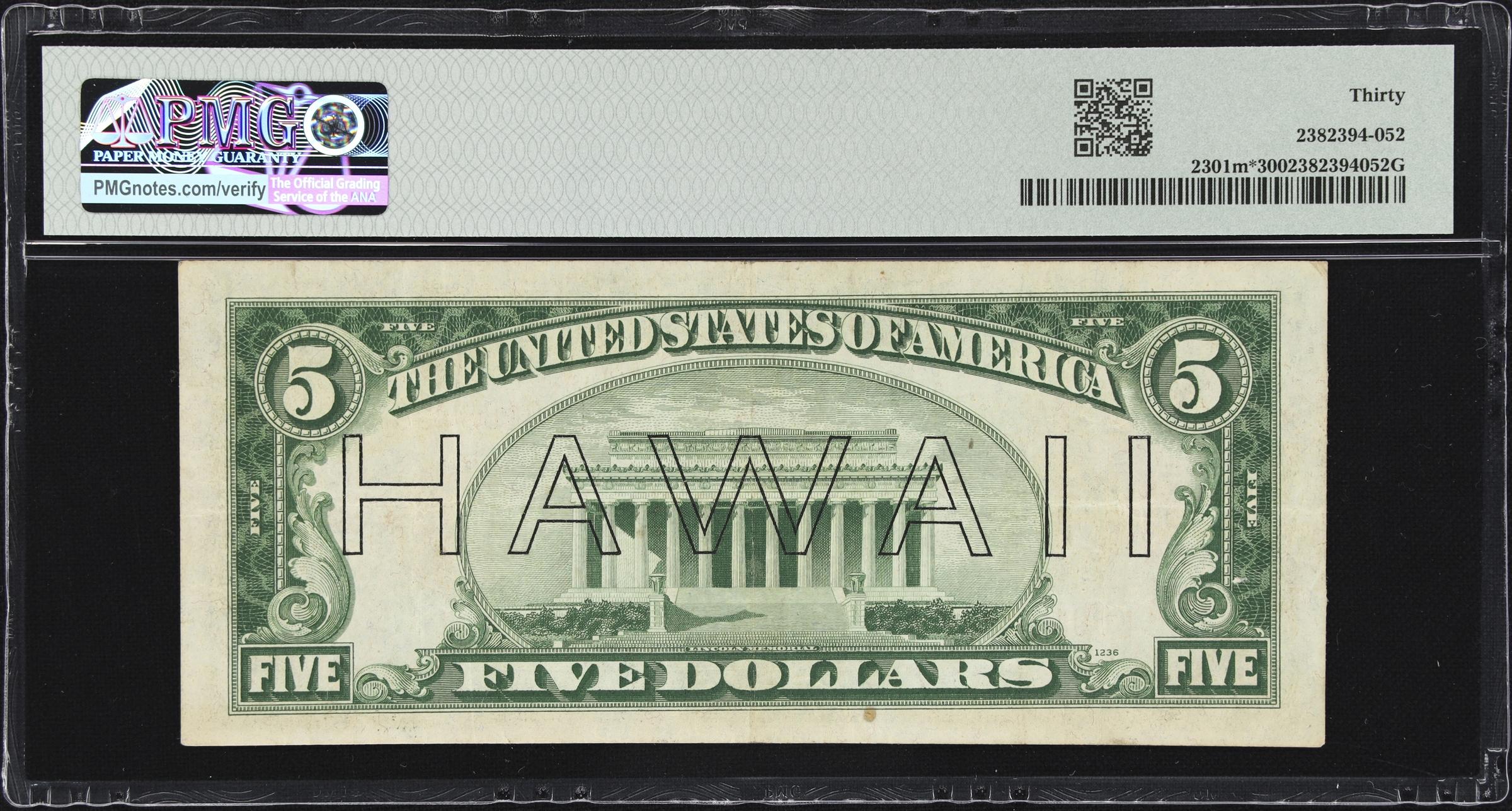 image for: Fr. 2301m*. 1934 $5 Hawaii Emergency Star Note. Mule. PMG Very Fine 30.
