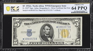 image for: Fr. 2307*. 1934A $5 North Africa Emergency Star Note. PCGS Banknote Choice Uncirculated 64 PPQ.