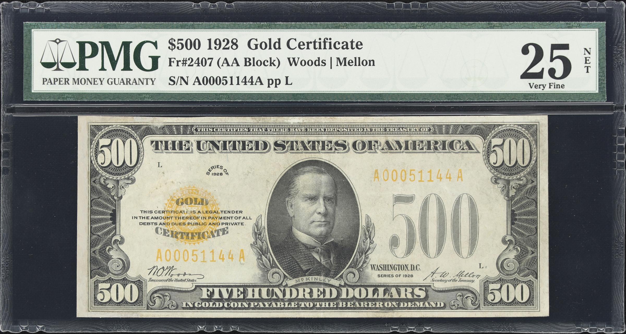 image for: Fr. 2407. 1928 $500 Gold Certificate. PMG Very Fine 25 Net. Repaired.