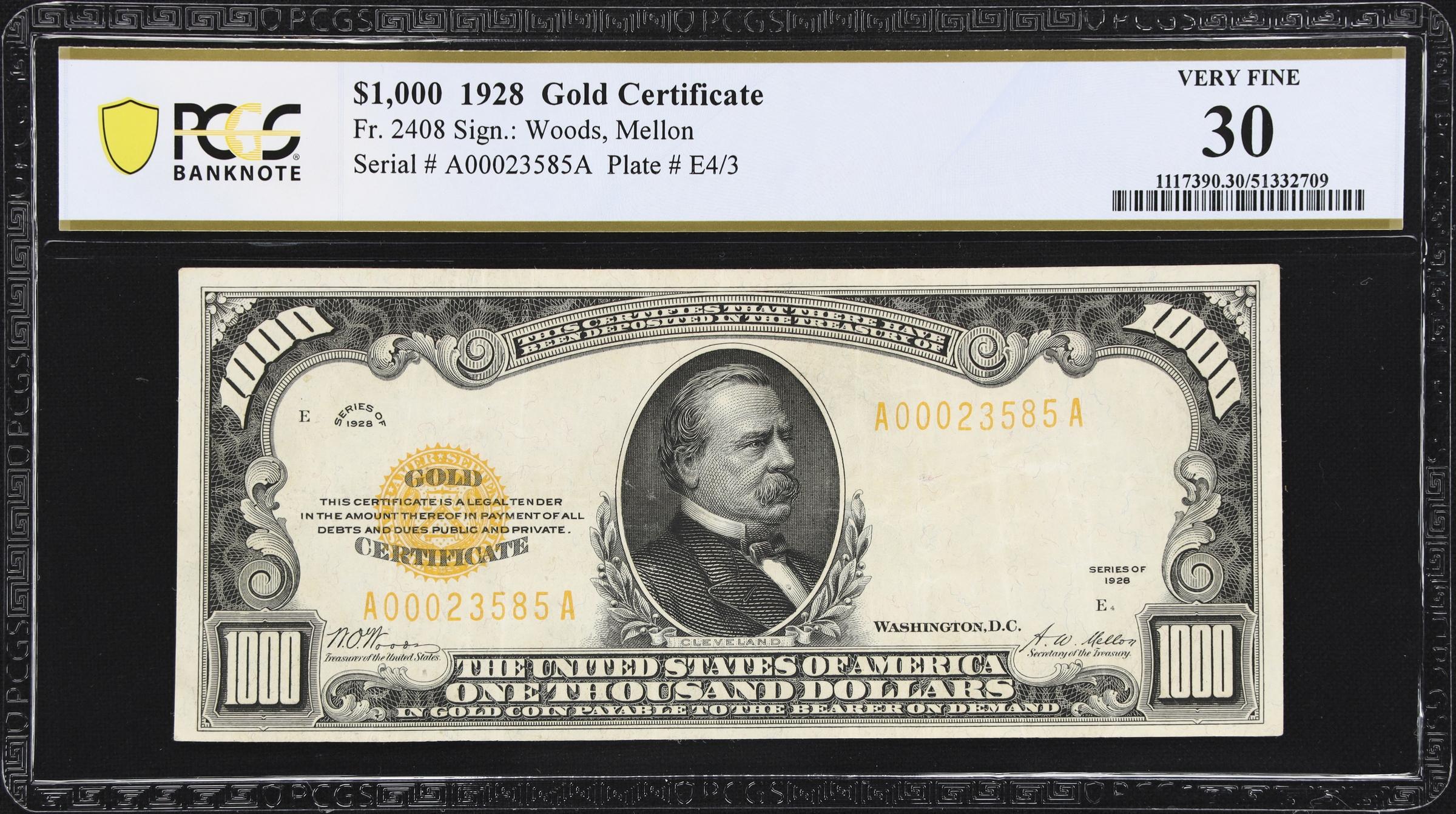image for: Fr. 2408. 1928 $1000 Gold Certificate. PCGS Banknote Very Fine 30.